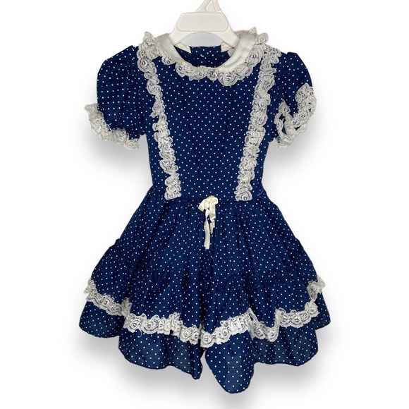 VTG Miss Quality Little Girls Size 5 Ruffle Lace Trim Dress Blue Polka Dot Frill - Picture 2 of 10